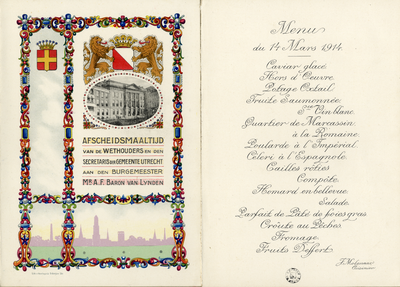 105594 Menukaart van het diner ter gelegenheid van het afscheid als burgemeester van Utrecht van mr. A.F. baron van ...